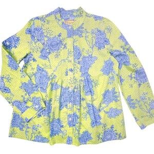 Lilly & Van Floral Paisley Blouse M Green Blue Cotton Empire Waist Resort Top